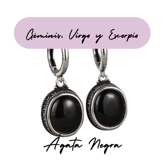 Pendientes largos de Plata de Virgo - Piedra Natural Ágata Negra