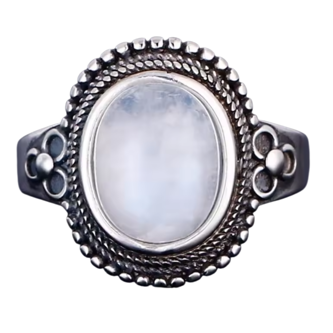 Anillo Piedra Lunar Oval - Sello Estelar - Plata de Ley