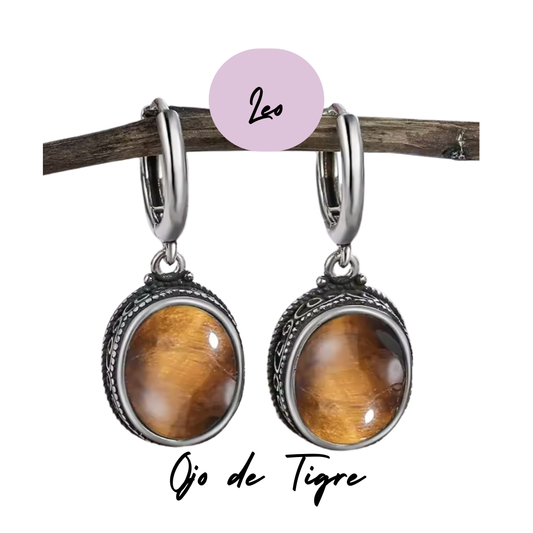 Pendientes largos de Plata de Leo - Piedra Natural Ojo de Tigre