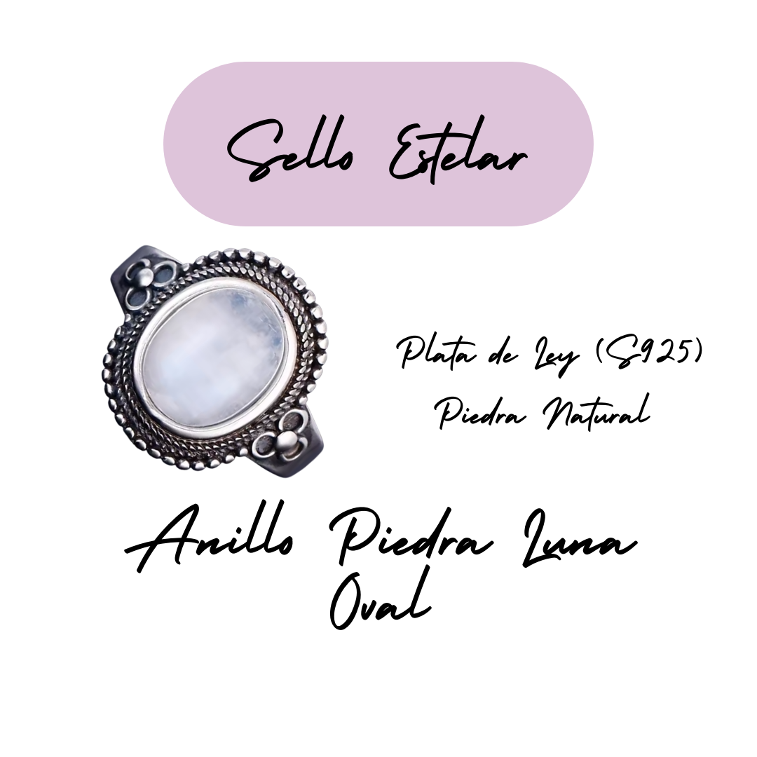 Anillo Piedra Lunar Oval - Sello Estelar - Plata de Ley