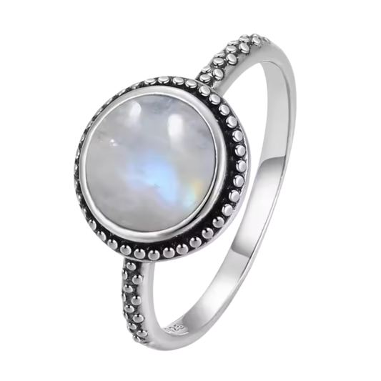 Anillo Piedra Lunar Redondo - Círculo de Luz - Plata de Ley