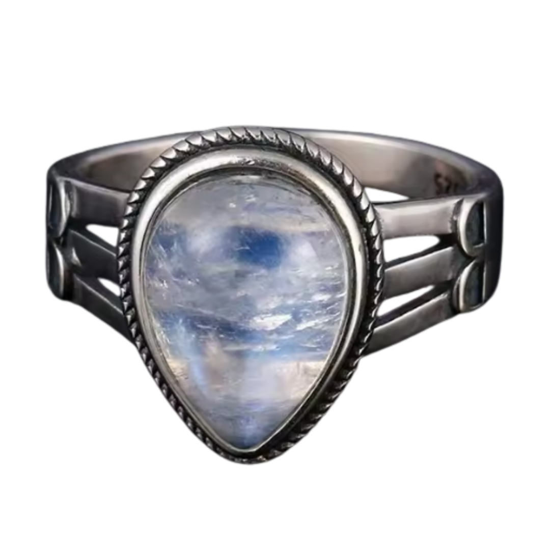 Anillo Piedra Lunar Gota - Lágrima de Luna - Plata de Ley