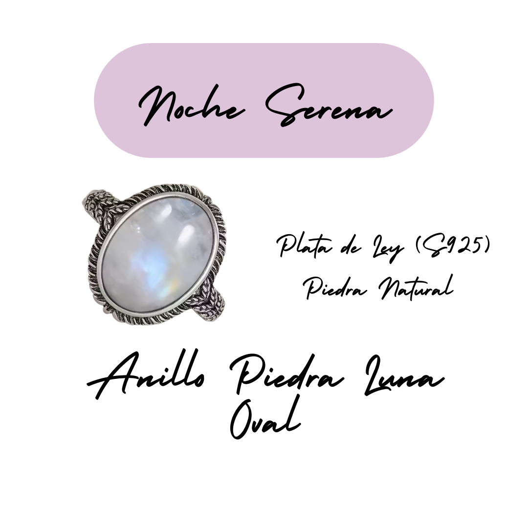 Anillo Piedra Lunar Oval - Noche Serena - Plata de Ley