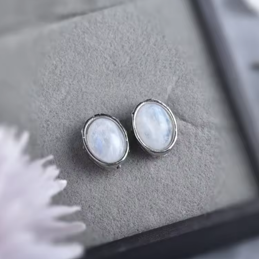 Pendientes Piedra Natural - Ovalados - Piedra Lunar - Plata de Ley