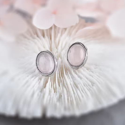 Pendientes Piedra Natural - Ovalados - Cuarzo Rosa - Plata de Ley