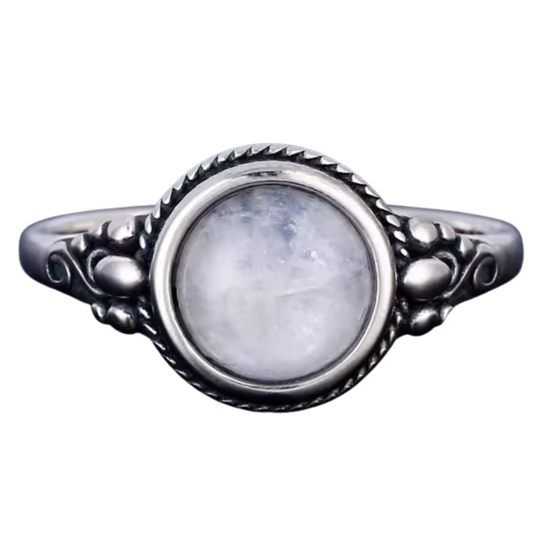 Anillo Piedra Lunar Redondo - Esfera Lunar - Plata de Ley