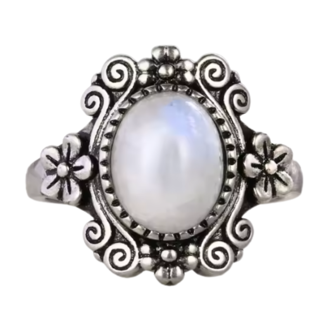 Anillo Piedra Lunar Oval - Estrella Interior - Plata de Ley