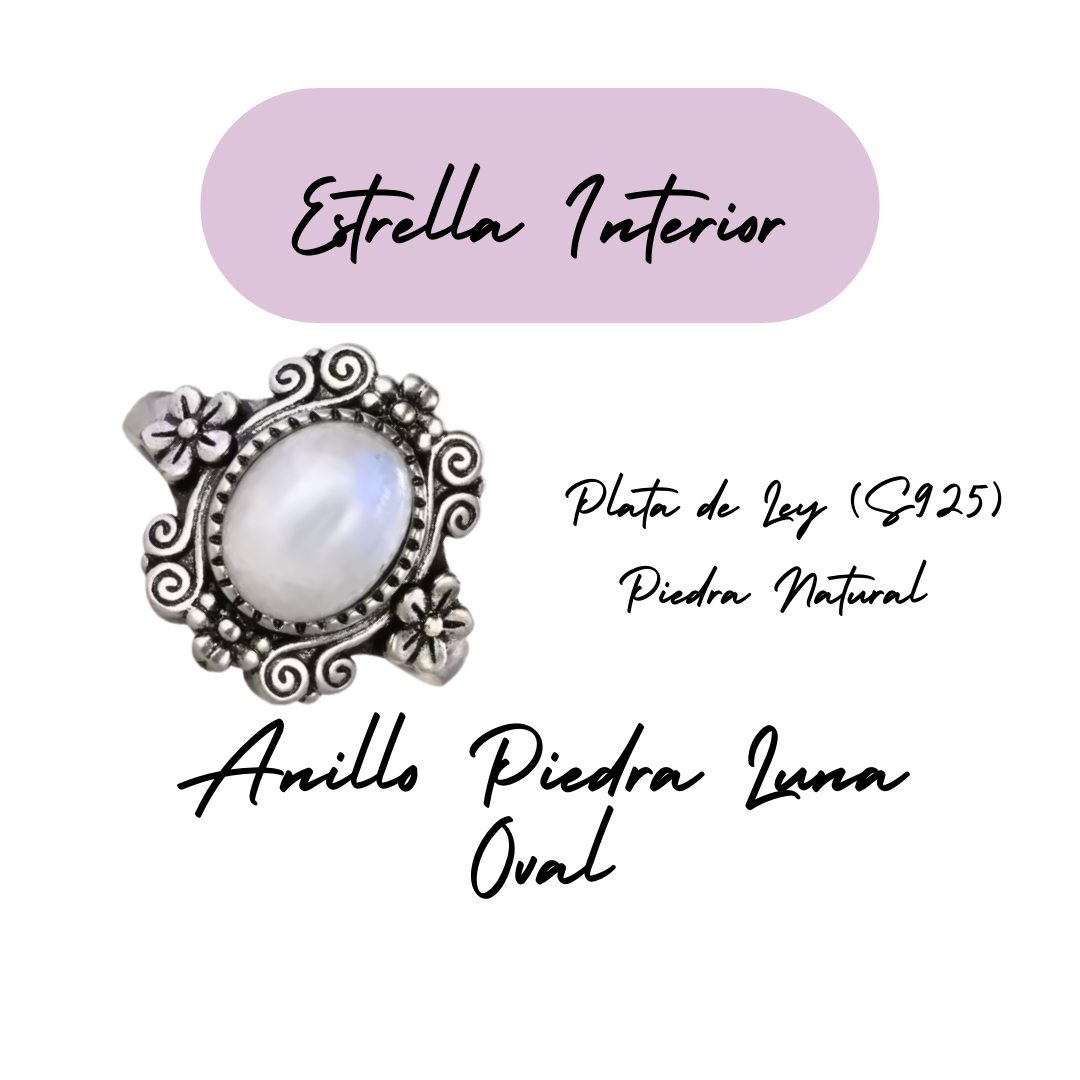 Anillo Piedra Lunar Oval - Estrella Interior - Plata de Ley