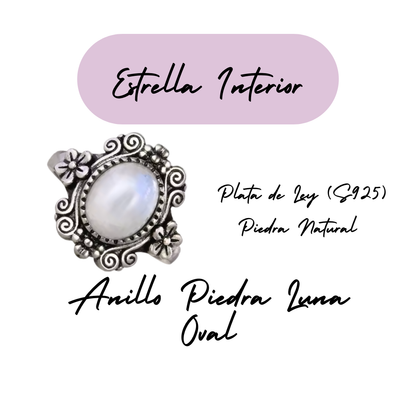 Anillo Piedra Lunar Oval - Estrella Interior - Plata de Ley