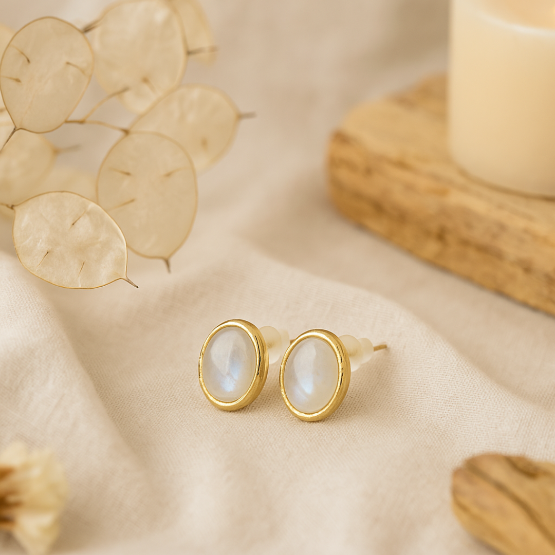 Pendientes Piedra Natural - Ovalados - Piedra Lunar - Plata de Ley chapado en Oro