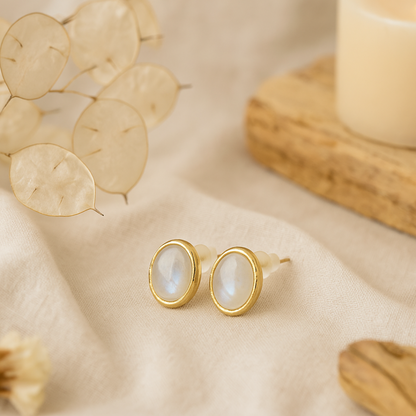 Pendientes Piedra Natural - Ovalados - Piedra Lunar - Plata de Ley chapado en Oro