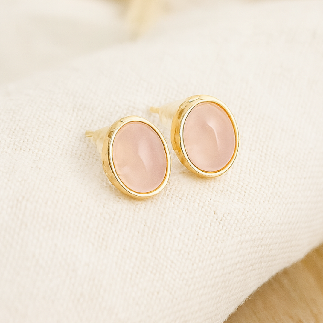 Pendientes Piedra Natural - Ovalados - Cuarzo Rosa - Plata de Ley Chapado en Oro
