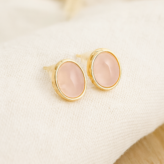 Pendientes Piedra Natural - Ovalados - Cuarzo Rosa - Plata de Ley Chapado en Oro