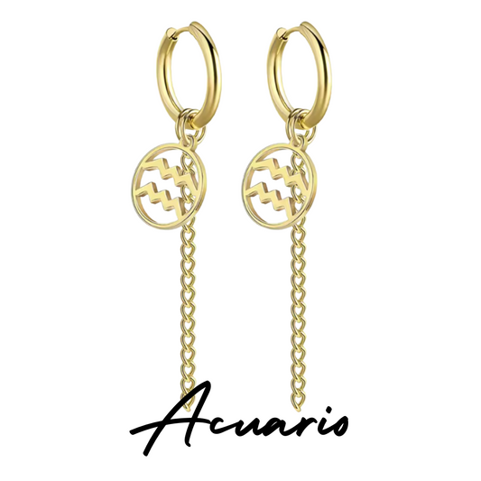 Pendientes Largos Dorados con Signo de ACUARIO
