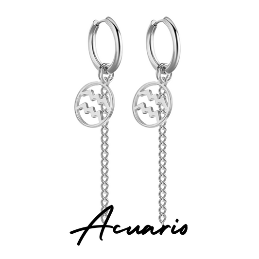 Pendientes Largos Plateados con Signo de ACUARIO